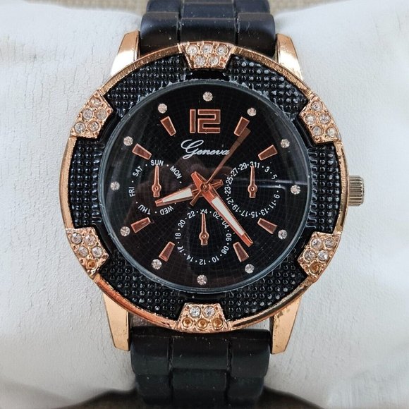Geneva Accessories - Geneva Fashion Wristwatch Quartz Analog Black Rubber Band Gold Tone Case Watch